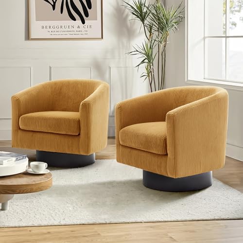 Pia Ricco Set of 2 Corduroy 360° Swivel Barrel Accent Chair Orange by PiaRicco