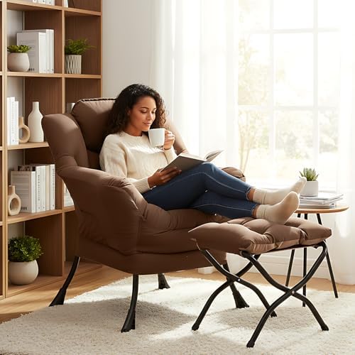 Welnow Lazy Chair with Ottoman, Reading Chair with Footrest, Dark Brown - Image 5