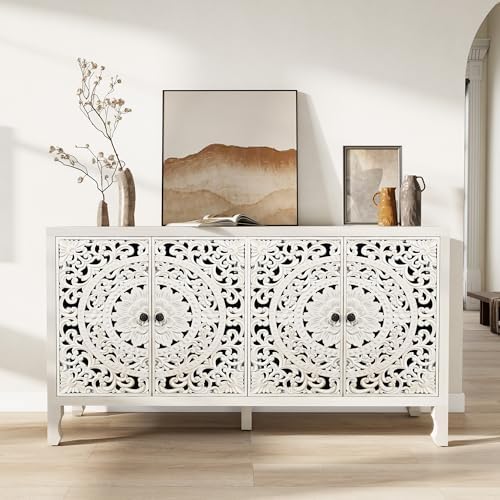 Buffet Cabinet with Storage, Accent Cabinet with 4 Carved Doors, Solid Wood - Image 7