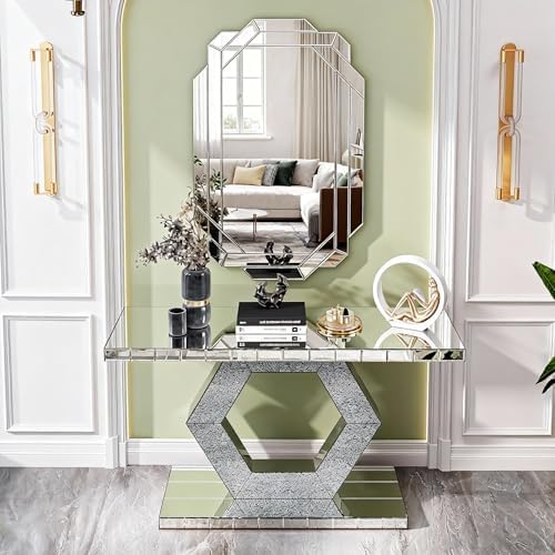 Hexagon Silver Mirrored Console Table and Wall Mirror Set, 2 Piece Silver - Image 5