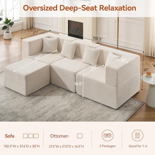 MONVANE 103'' Modular Sectional Sofa, Cloud Sectional Couch - Image 3