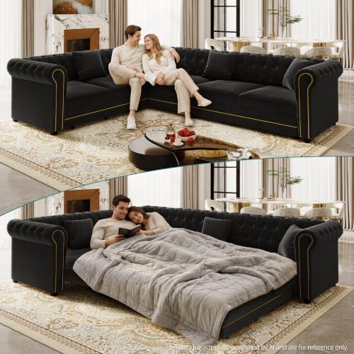 115.3" Velvet L-Shaped Pull-Out Chesterfield Sleeper Sofa Bed - Image 4