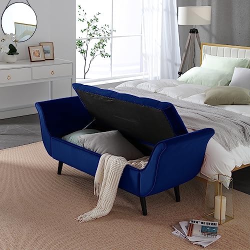 Storage Bench for Bedroom End of Bed, Velvet Upholstered Rolled Armed Button - Image 3
