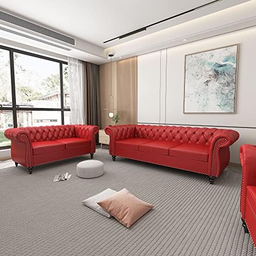 ORRD 2 Pieces Living Room Set, Chesterfield Leather Sofa Loveseat Couch by ORRD