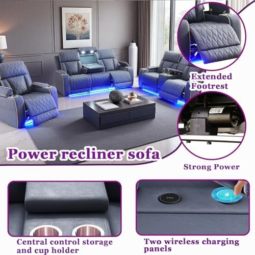 Power Recliner Sofa Set with LED, 3 Pieces Sectional Couch, Sandad Leather - Image 3