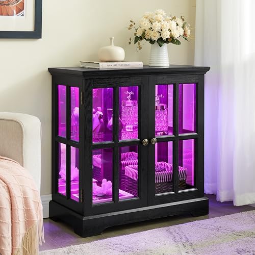 Small Curio Cabinet with Glass Doors and LED Lights, 30.32” W Black Wood - Image 5