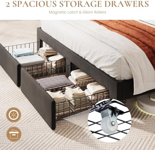 SHA CERLIN Queen Bed Frame, 2 Storage Drawers & 2-Tier Storage Headboard - Image 6