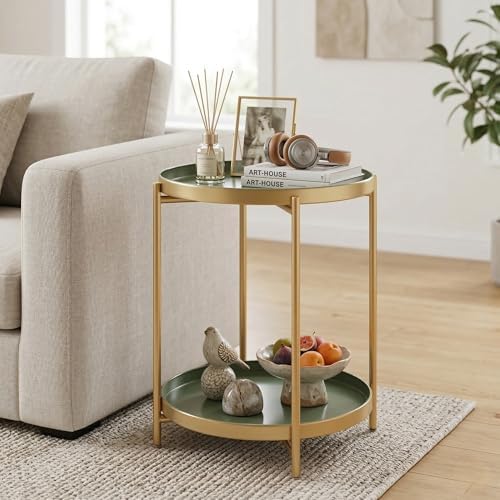 TeoKJ 2 Tier Gold Side Table, Folding Round Metal End Table Small Nightstand - Image 2