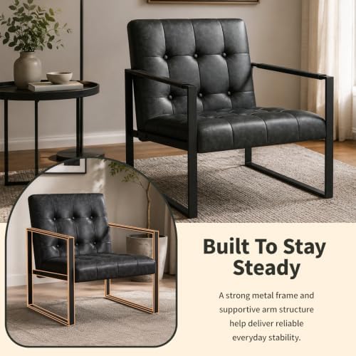 Black Leather Accent Chair, Mid Century PU Leather Armchair - Image 5