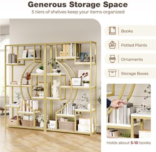 LGHM 79" W Luxury Marble-Patterned White Gold Bookshelf - Image 3