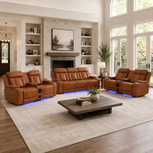 Power Recliner Sofa Set 3 Piece, Leather Reclining Couch by Unknown