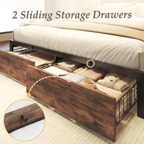 Full Bed Frame with Charging Station, LED Lights, 2 Drawers, Rustic Brown - Image 5