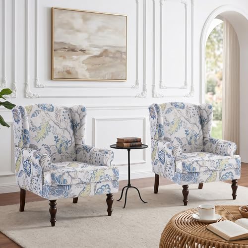 HUIMO Printed Wingback Accent Chair, Linen Upholstered High Back Armchair by HUIMO