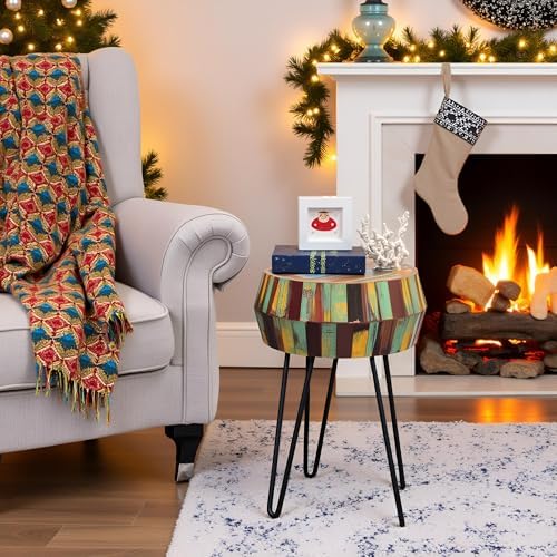 Drum Shaped Round Wood Side Table 16" x 16" x 21" H Multicolor - Image 4