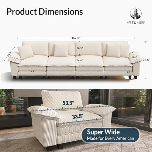 HERA'S HOUSE 158" Oversized Modular Sectional Straight Sofa, Corduroy Beige - Image 2