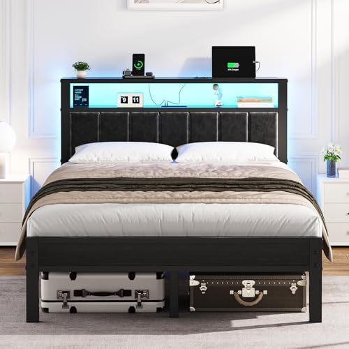 OLEVS Full Size Bed Frame with LED Lights & Charging Station, Modern Platform by OLEVSHOME