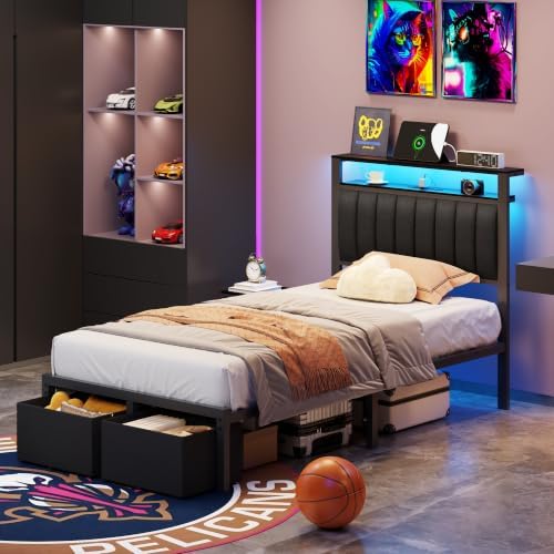 Furnulem Twin Bed Frames with Storage Drawers and Upholstered Headboard - Image 3