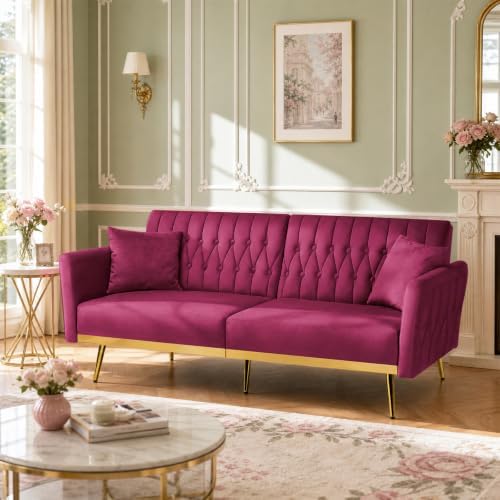 70” Velvet Futon Sofa Bed w/Adjustable Armrests - Image 6