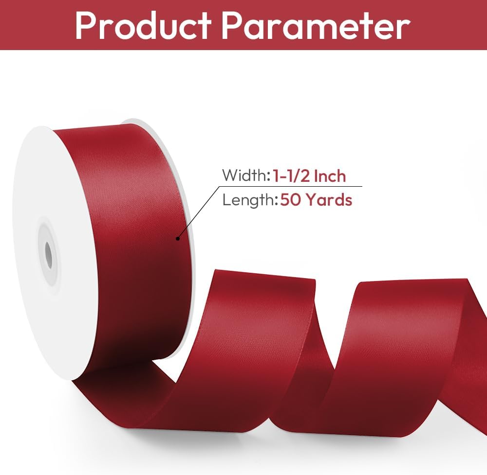1-1/2" Width x 50 Yards Satin Fabric Ribbon, Burgundy Ribbon Perfect for DIY Bows, Swags, Gift Wrapping, Craft, Flower Bouquet, Christmas and Party Decoration