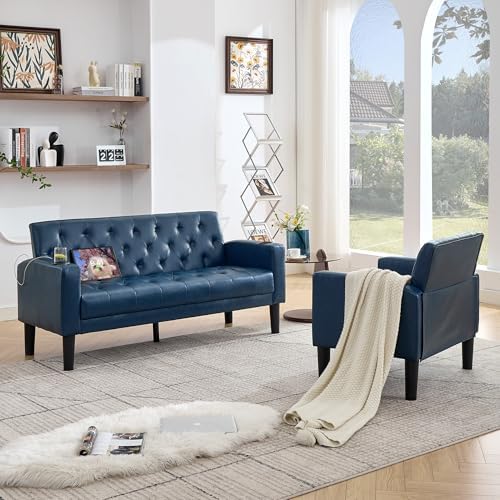 62'' Blue Leather Loveseat Sofa Set - Image 2