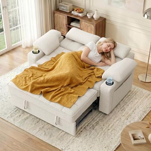 58'' Convertible Sofa Bed with USB Charger and Cup Holders, Teddy Fabric - Image 7