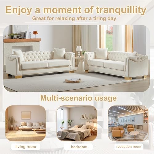 2 Pieces Chesterfield 3-Seater Velvet Combination Sofa Sets, 4 Cushion Classic - Image 5