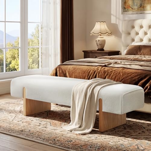 Upholstered End of Bed Bench, Solid Wood Legs & Soft Teddy Fabric by JIRAIN