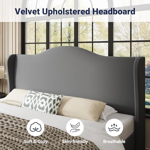 Allewie King Size Bed Frame, Plush Velvet Wingback, Modern Style - Image 4