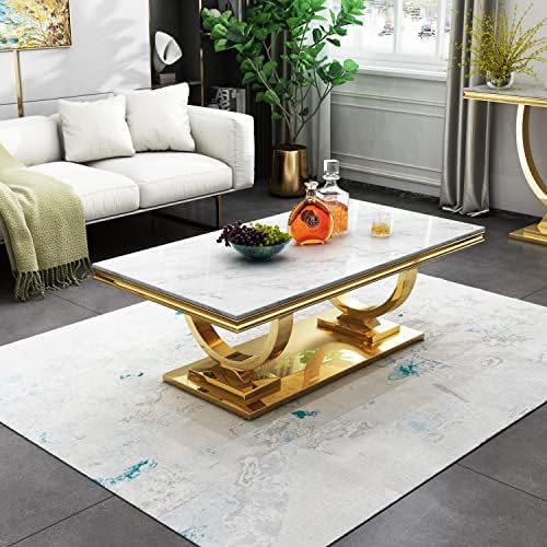 Modern Marble Coffee Table, Rectangular White and Gold Marble Tea Table by Goujxcy