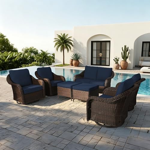 7 Piece Patio Wicker Conversation Set, All-Weather Use Outdoor Wicker Loveseat by Qsoer