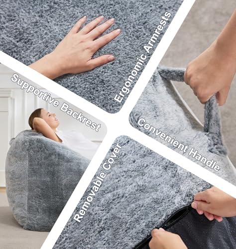 Hobestluk Bean Bag Chair Plush Accent Chair Armrest Living Room Adult Grey - Image 5