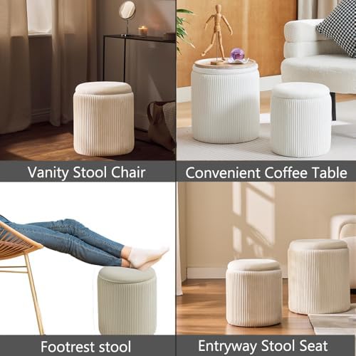 BLEXA Round Ottoman with Storage Set of 2-White Velvet Vanity Stool - Image 4