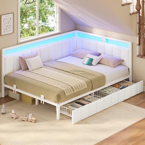 Hasuit Corner Bed Frame with Storage Drawers, Full Daybed with Line Fabric - Image 2