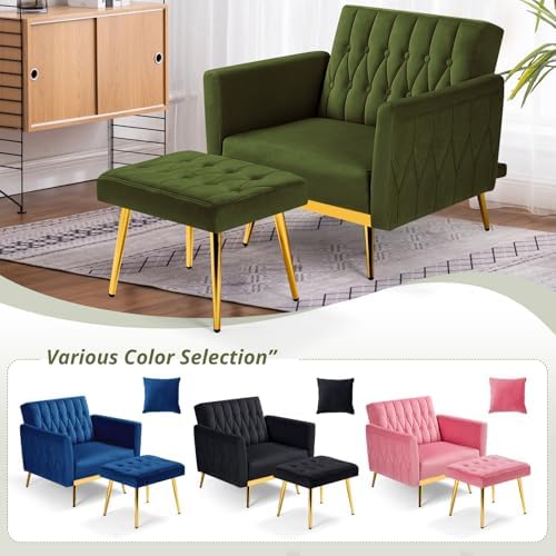 Velvet Accent Chair w/Ottoman & Adjustable Backrest, Olive Green - Image 7