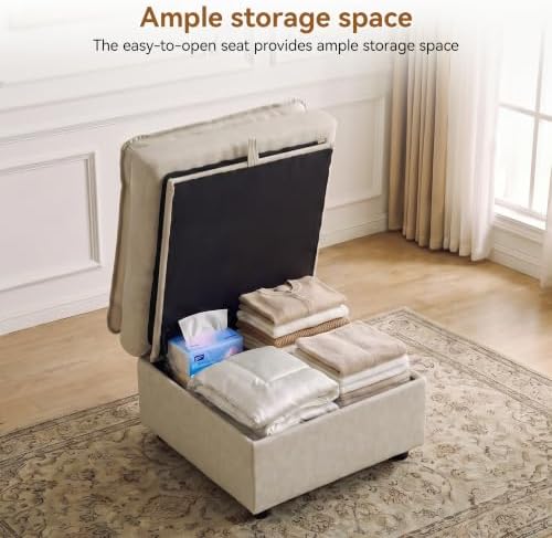 27" Beige Faux Leather Storage Ottoman, Large Square Footrest - Image 3