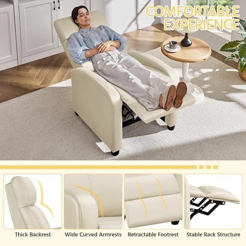 Topeakmart PU Leather Recliner Chair Home Theater Seating Beige - Image 4