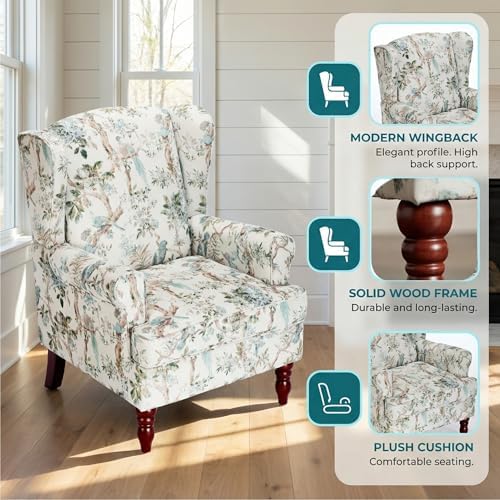 Mid Century Wingback Accent Chairs Set of 2 Floral Bird - Image 4