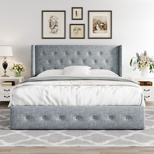 Allewie Queen Size Lift Up Storage Button-Tufted Bed Frame Blue Grey - Image 7