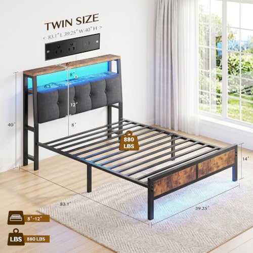 Homkdom Twin Bed Frame with Upholstered Headboard & Charging Station - Image 2