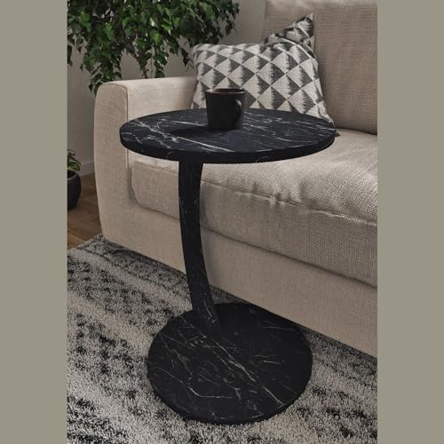 C Shaped End Table for Couch Small Places, Faux Marble Black Space Saver Round - Image 3