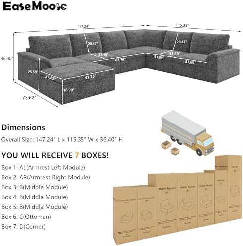 EASE MOOSE 147" 7 Seater Sectional Couches, Boneless Sofa - Image 2
