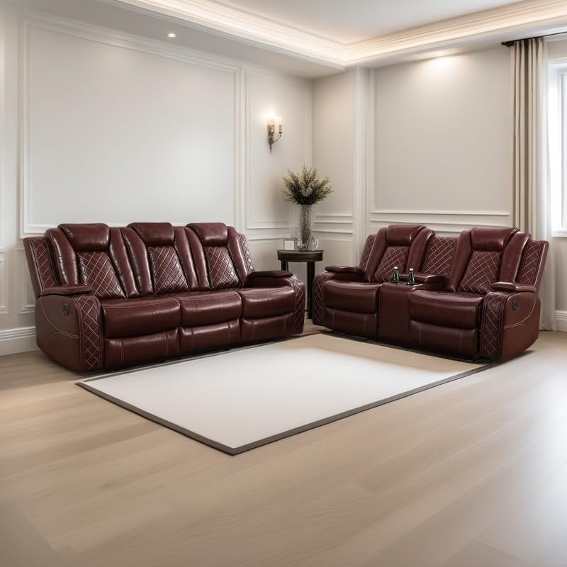 Power Recliner Set with LED Lights, Air Leather Reclining Set with USB by Unknown