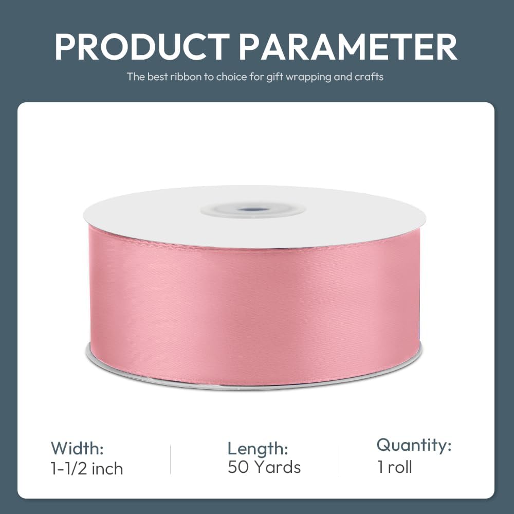 KMER LIFE 1-1/2" Wide x 50 Yards Pink Single Faced Polyester Satin Ribbon, Pink Satin Ribbon Perfect for Wedding Decor, Wreath, Crafts, Gift Wrapping & Other Projects (Pink)