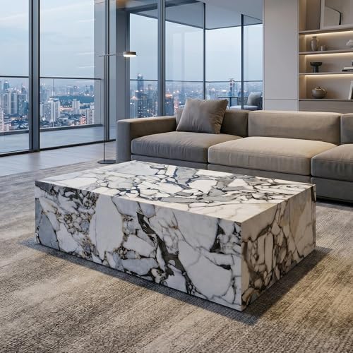 Faux Marble White Coffee Table, Rectangle MDF Living Room Table, Center Table by BAOPIN