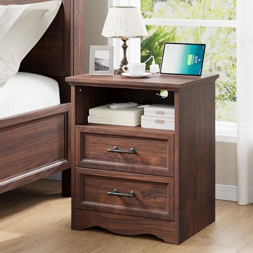 YANSNWO Walnut Nightstand with Charging Station, 19.7" 2-Drawer End Table - Image 2