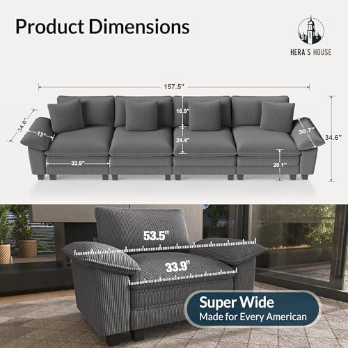 HERA'S HOUSE 158" Oversized Modular Sectional Straight Sofa, Corduroy Grey - Image 2