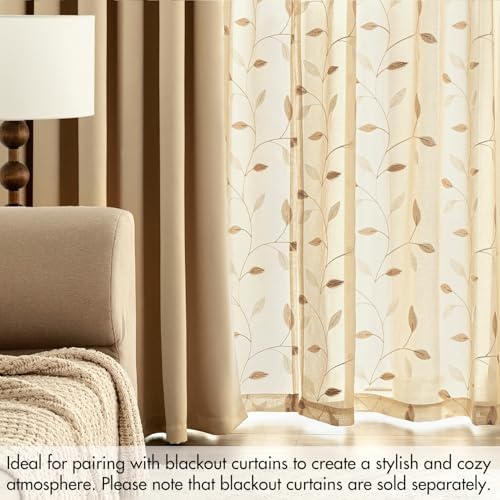 MIULEE Khaki Sheer Curtains 2 Panels Embroidered Leaf Patterned, W52 x L96 - Image 7