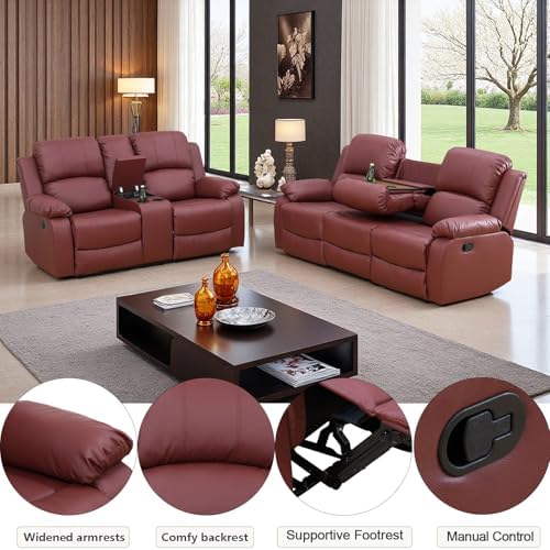 Manual Recliner Sofa Set for Living Room, Leather Reclining Sofa Sets, Leather - Image 3