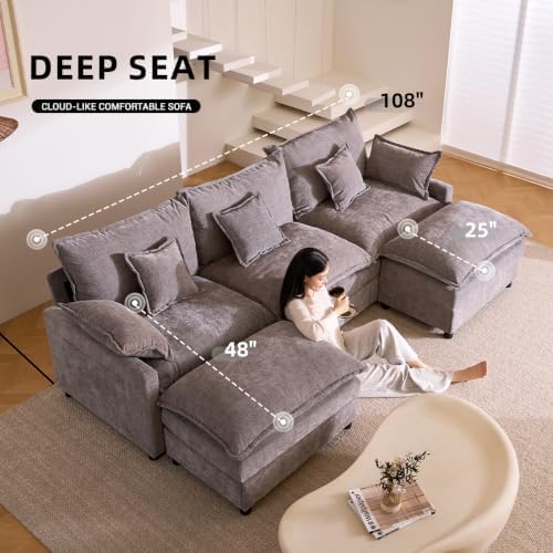 GOSUHI 108" U-Shaped Modular Cloud Couch, Deep Seat, Chenille Slate - Image 3