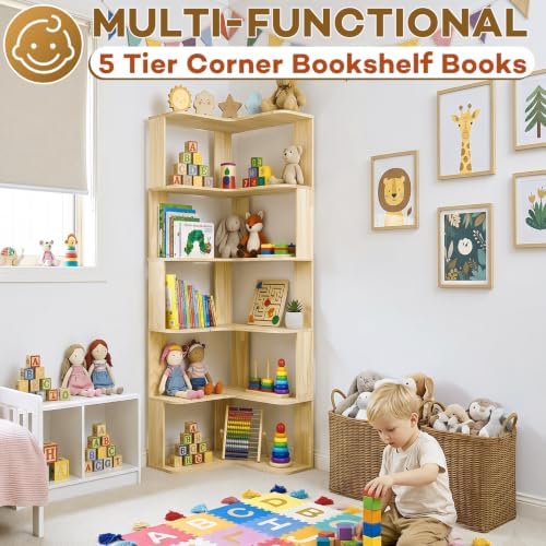 RUNSUNSPRI Tall Corner Bookshelf, 6-Tier Solid Wood L-Shaped Corner Shelf - Image 7
